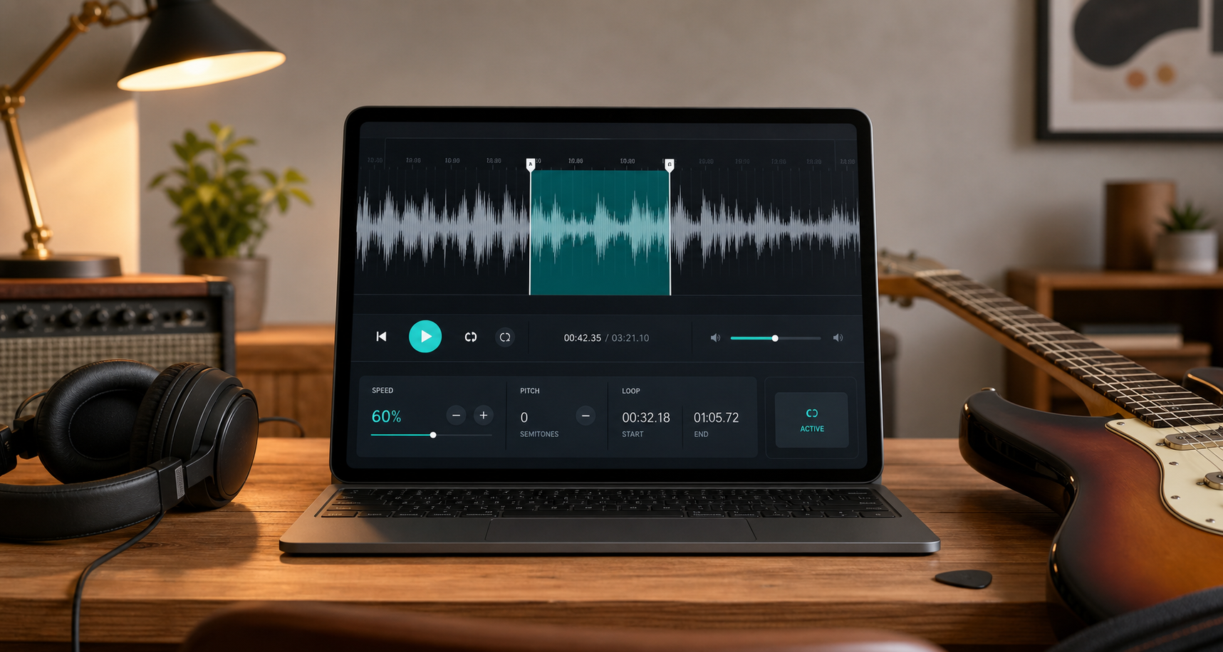 A music practice workstation showing an audio waveform interface beside a guitar and headphones.